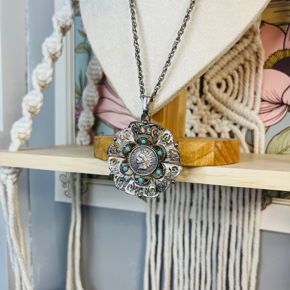 Ornate‎ Vintage Coin Pendant Necklace | Silver Toned Metal with Penny Design |